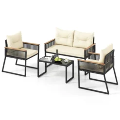 Tangkula Set Of 4 Patio Wicker Furniture Set Heavy Duty Outdoor Cushioned Conversation Set With Tempered Glass Coffee Table Off White -Tangkula GUEST bb1479b9 fc75 4b62 b273 344436084d03