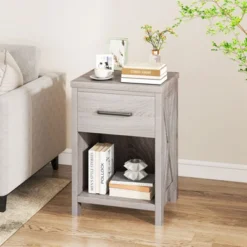 Tangkula Nightstand Sofa Side Table Rustic End Table W/ Drawer & Shelf For Living Room