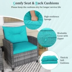 Tangkula 3 Pieces Patio Bistro Set Outdoor PE Rattan Conversation Chair Set With Tempered Glass Side Table And Removable Cushions Turquoise -Tangkula GUEST bc0efefc 9c45 4b24 ae12 b1a88c6df7d4