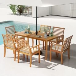 Tangkula 63" Outdoor Dining Table W/ Umbrella Hole Slatted Tabletop For Backyard -Tangkula GUEST bc3963aa fe74 4d8b a28d bd99e1a0b431