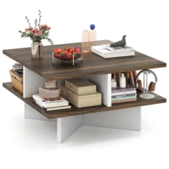 Tangkula 2-Tier Square Coffee Table W/ Storage Farmhouse Modern Accent Table Center Table -Tangkula GUEST bc8da087 6833 48ea b227 4f1bc8a42d34