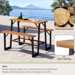 Tangkula Acacia Wood Picnic Table 4-Person Outdoor Table And Bench Set With 2 Built-in Benches Footrests Umbrella Hole Heavy-Duty Metal Frame -Tangkula GUEST bd18c567 cf7f 4bc7 ac5e 19e34c5a2bb6