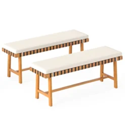 Tangkula 2PCS Outdoor Acacia Wood Bench With Cushion Breathable Rope Seat Patio Dining Bench For Entryway Garden Poolside Balcony -Tangkula GUEST bdec9cfe 2da4 49f6 af07 11bcc32cb39f