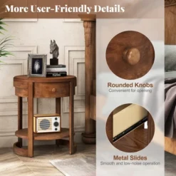 Tangkula 2-Tier Nightstand W/ Shelf & Wood Grains Drawer Round White/Brown -Tangkula GUEST bdf09c83 b021 467b 99ae d40046c5e99b