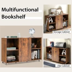 Tangkula 3-Tier Wood Bookcase 6 Cube Bookshelf W/ Door Wheels Display Cabinet -Tangkula GUEST be64b64e 4c49 4bd7 a6a2 c306793d1852