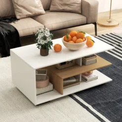 Tangkula Geometric Coffee Table W/ Storage Shelves 3-Tier Rectangular Tea Table