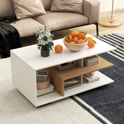 Tangkula Geometric Coffee Table W/ Storage Shelves 3-Tier Rectangular Tea Table 1 Tangkula Geometric Coffee Table W/ Storage Shelves 3-Tier Rectangular Tea Table