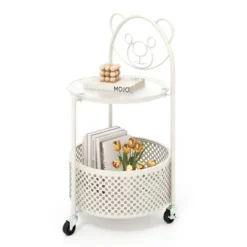 Tangkula 2-Tier Mobile Glass Coffee Table W/ Bear Pattern Storage Basket -Tangkula GUEST bf4ab563 e906 47a8 b370 da587f005902