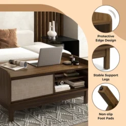 Tangkula Rectangular Coffee Table W/ Storage Weaving Sliding Door & Adjustable Shelf -Tangkula GUEST bfd1c985 d61a 4cf4 948a 2eee8dee10ed