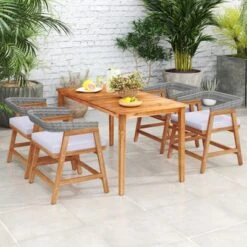 Tangkula 5PCS Patio Dining Set Solid Wood Furniture W/ Rattan Backrest & Seat Cushions -Tangkula GUEST bfe9e3cd a191 44bc 87dc ed56ebac46f1