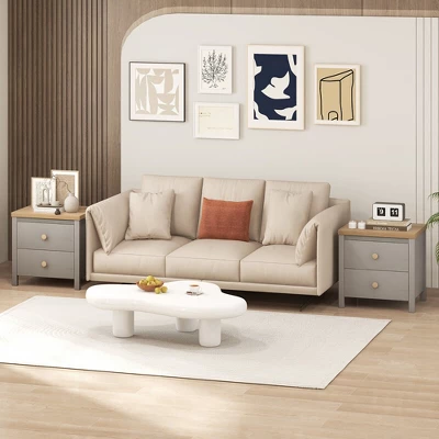 Tangkula Nightstand Farmhouse Side End Table W/ Solid Wood Legs & 2 Drawers For Bedroom 2 Tangkula Nightstand Farmhouse Side End Table W/ Solid Wood Legs & 2 Drawers For Bedroom - Image 2