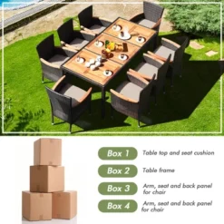 Tangkula 9PCS Rattan Patio Dining Set W/ 8 Stackable Cushioned Chairs Wooden Tabletop -Tangkula GUEST c02b7dd6 bfaa 4aa1 91e9 83667f182cc0