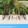 Tangkula 3 Piece Acacia Wood Rocking Chair Set W/ Coffee Table & All-Weather Rope Patio Poolside