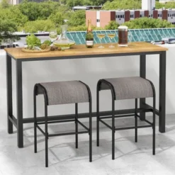 Tangkula 3-Piece Patio Dining Set W/ Umbrella Hole Metal Frame & Breathable Fabric Seat