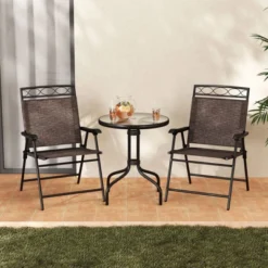 Tangkula 3 Pieces Bistro Set Outdoor Furniture Set With Tempered Glass Table Umbrella Hole