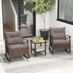 Tangkula 3 Pieces Outdoor Rocking Chairs Set Rattan Heavy Duty Cushioned Rocker Chairs With 2-Tier Tempered Glass Coffee Table -Tangkula GUEST c156b078 9d46 4084 ba43 4d6d3fcc52bb