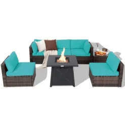 Tangkula 7PCS Rattan Patio Sectional Furniture Set W/ 30" Fire Pit Table & Cushion -Tangkula GUEST c191cb14 afa5 412b b7bf 2dd284ea537d