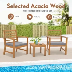 Tangkula 3PCS Furniture Set Acacia Wood Conversation Set W/ Soft Seat Cushions Outdoor Gray