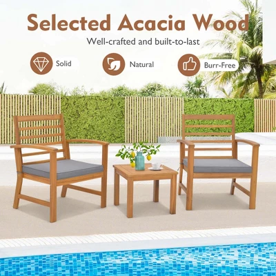 Tangkula 3PCS Furniture Set Acacia Wood Conversation Set W/ Soft Seat Cushions Outdoor Gray 1 Tangkula 3PCS Furniture Set Acacia Wood Conversation Set W/ Soft Seat Cushions Outdoor Gray