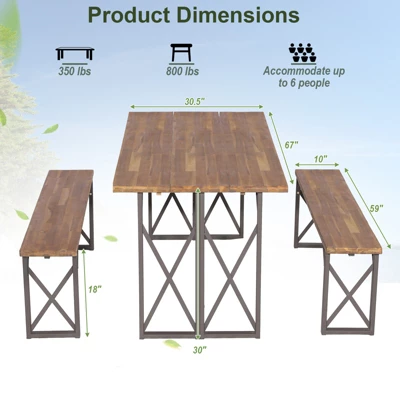 Tangkula 3 Piece Patio Picnic Table Bench Set, Outdoor Camping Table Set W/ Acacia Wood Tabletop & Seat 2” Umbrella Hole 8 Tangkula 3 Piece Patio Picnic Table Bench Set, Outdoor Camping Table Set W/ Acacia Wood Tabletop & Seat 2” Umbrella Hole - Image 8