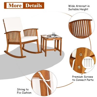 Tangkula 3 PCS Acacia Wood Rocking Bistro Set Outdoor Furniture Front Porch Rocker Chairs Conversation Set With Coffee Table And Cushions 1 Tangkula 3 PCS Acacia Wood Rocking Bistro Set Outdoor Furniture Front Porch Rocker Chairs Conversation Set With Coffee Table And Cushions