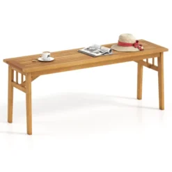 Tangkula Acacia Wood Outdoor Bench 48" Long Backless Wooden Picnic Bench W/ Slatted Seat -Tangkula GUEST c55f1ad1 b0c9 4c8e 8e5e 8e707c9e67c7