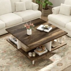 Tangkula 2-Tier Square Coffee Table W/ Storage Farmhouse Modern Accent Table Center Table