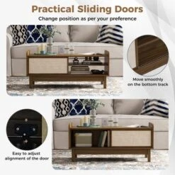 Tangkula Rectangular Coffee Table W/ Storage Weaving Sliding Door & Adjustable Shelf -Tangkula GUEST c6170d7c 01d8 4183 9d19 886b2a7ef086