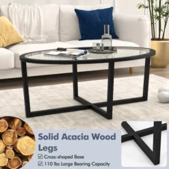 Tangkula Modern Glass Coffee Table W/ Cross Base & Acacia Wood Legs For Small Spaces -Tangkula GUEST c6597727 5f49 4e20 9aa4 d6b436e7264f