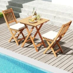 Tangkula Folding Patio Chairs Set Of 2 W/ Slatted Backrests & Soft Seat Cushions