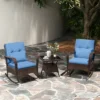 Tangkula 3 Piece Outdoor Rocking Set Rattan Rocker Chairs W/ Tempered Glass Coffee Table