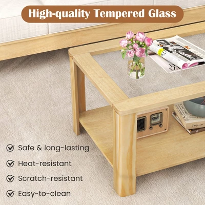 Tangkula 2-Tier Coffee Table W/ Tempered Glass Tabletop & Storage Shelf Rounded Corners 4 Tangkula 2-Tier Coffee Table W/ Tempered Glass Tabletop & Storage Shelf Rounded Corners - Image 4