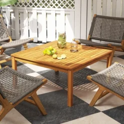 Tangkula Outdoor Coffee Table W/ Slatted Tabletop Small Outside Table Square Patio Table