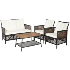Tangkula 4PCS Cushioned Patio PE Wicker Conversation Furniture Set W/ Acacia Wood Tabletop -Tangkula GUEST c88394c0 febe 4d3c bb0c 64f0765d0ac0