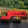 Tangkula 5PCS Rattan Sectional Sofa Set Patio Furniture Set W/ Red Cushion Pillow