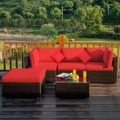 Tangkula 5PCS Rattan Sectional Sofa Set Patio Furniture Set W/ Red Cushion Pillow 1 Tangkula 5PCS Rattan Sectional Sofa Set Patio Furniture Set W/ Red Cushion Pillow