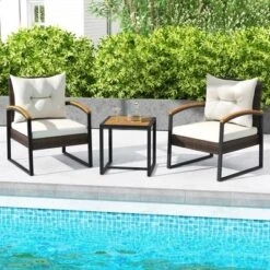 Tangkula 3PCS Patio Wicker Furniture Set PE Wicker Furniture Conversation Set W/ Acacia Wood Table