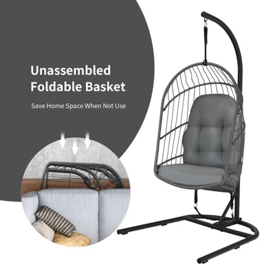 Tangkula Modern Rattan Hanging Egg Swing Chair W/Stand Foldable Cushioned Hammock Gray/Beige 3 Tangkula Modern Rattan Hanging Egg Swing Chair W/Stand Foldable Cushioned Hammock Gray/Beige - Image 3