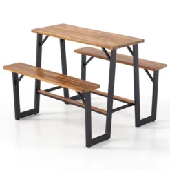 Tangkula Acacia Wood Picnic Table 4-Person Outdoor Table And Bench Set With 2 Built-in Benches Footrests Umbrella Hole Heavy-Duty Metal Frame -Tangkula GUEST ca1986ac 0d26 4dc1 9c7f ba0751360b73