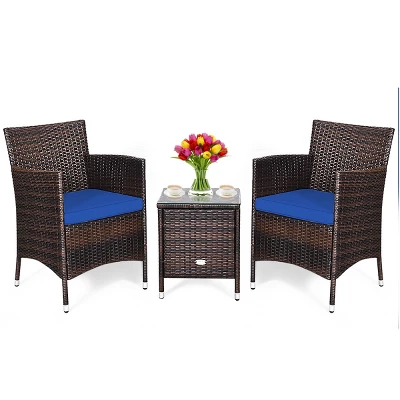 Tangkula 3-Piece Patio Wicker Rattan Furniture Set Conversation Sofa Set With Coffee Table Navy 2 Tangkula 3-Piece Patio Wicker Rattan Furniture Set Conversation Sofa Set With Coffee Table Navy - Image 2