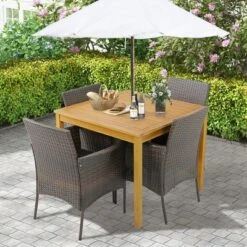 Tangkula 5 PCS Patio Dining Set Acacia Wood Table W/ 1.9" Umbrella Hole Cushioned Chairs