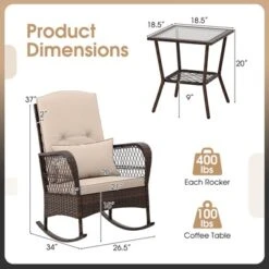 Tangkula 3 Piece Rocker Set Outdoor Wicker Rocking Chairs With Double-Layer Rattan Rocker Chair Set With Back Cushions & Pillows Beige/Gray/Blue/Red -Tangkula GUEST cb50a863 479e 4271 9faf 8b7497738310