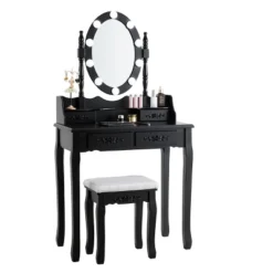 Tangkula Make-Up Vanity Table Dresser Set W/LED Light, Black Brown White -Tangkula GUEST cc219670 6ab4 465d 8d5b 27a8ec29af8b