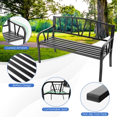 Tangkula Garden Bench Metal Frame W/ Ergonomic Armrest Load Patio Black 2 Tangkula Garden Bench Metal Frame W/ Ergonomic Armrest Load Patio Black - Image 2