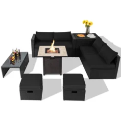 Tangkula 9 Pieces Outdoor PE Rattan Wicker Sectional Sofa With 42" Gas Fire Pit Table Space-Saving Patio Conversation Set With Storage Box Black/Grey/Navy/Red/Turquoise/Off White -Tangkula GUEST cd14617e 801a 49f3 8811 67de8bb143e3