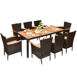 Tangkula 9PCS Rattan Patio Dining Set W/ 8 Stackable Cushioned Chairs Wooden Tabletop -Tangkula GUEST cd3e8196 ae21 4c82 ba42 d24128d29704