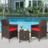Tangkula 3 Pieces Patio Rattan Conversation Furniture Wicker Chairs With Coffee Table & Cushions Red/Blue/White