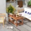 Tangkula Patio Hardwood Coffee Table 2-Tier Wooden Coffee Table With Slatted Tabletop & Storage Shelf Outdoor Rectangular Cocktail Table