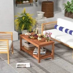 Tangkula Patio Hardwood Coffee Table 2-Tier Wooden Coffee Table With Slatted Tabletop & Storage Shelf Outdoor Rectangular Cocktail Table