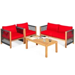 Tangkula Outdoor Patio Wood Conversation Furniture Set Padded Chair With Coffee Table Red/Turquoise -Tangkula GUEST cdad193f 9d9f 4238 a900 7a1ec1405a04